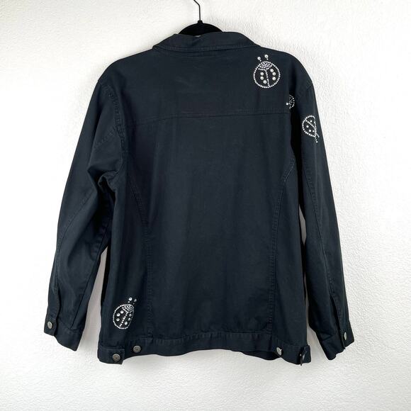 Quacker Factory Black Denim Ladybug Rhinestone Embellished Button Jacket Large - Picture 12 of 14